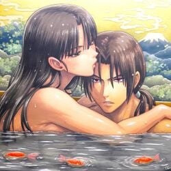 ai_generated anime anime_girl artistic asian attractive bangs beautiful_background beautiful_females black_hair charming crossover crossover_shipping cuddling drawing dreson evening fantasy fish forest_background hair_tie imminent_sex inuyasha japanese kikyo kiss_on_forehead kissing long_hair_female mount_fuji naruto naruto_shippuden nature ninja nude onsen partially_submerged ponytail priestess romantic stoic straight swimming uchiha_itachi water