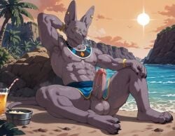 1boy 1male ai_generated animal_ears anthro balls bara beach beerus black_eyes black_nails booster_rex colored_skin daddy dark-skinned_male dragon_ball dragon_ball_super drink egyptian_clothes erect_penis erection feline furry furry_male gay looking_at_viewer male male_focus male_only monster monster_boy muscular muscular_anthro muscular_male nipples nsfw nude nudity palm_tree pectorals penis presenting presenting_balls presenting_penis purple_body purple_skin sand shiny shiny_skin smile smiling solo sweaty sweaty_body tail testicles thick_thighs thighs veiny_penis water yellow_sclera