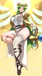 1girls bare_shoulders big_breasts blush breasts dress female forehead_jewel green_eyes green_hair highres jewelry kid_icarus kid_icarus_uprising large_breasts long_hair looking_at_viewer monoi_daru nintendo open_mouth palutena parted_bangs smile solo thighhighs tiara very_long_hair