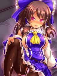 akatsuki_shimeji alternate_color areolae ascot bangs blue_bow blush bow breasts brown_hair brown_legwear choker cum cum_on_body cum_on_breasts cum_on_clothes cum_on_hair cum_on_lower_body cum_on_upper_body dark_persona detached_sleeves eyebrows_visible_through_hair facial female hair_tubes hairbow hand_on_own_knee heart heart-shaped_pupils large_breasts long_sleeves looking_at_viewer open_mouth panties panties_under_pantyhose pantyhose pink_eyes pink_panties reimu_hakurei ribbon-trimmed_sleeves ribbon_trim sidelocks sitting solo symbol-shaped_pupils thighband_pantyhose torn_clothes torn_pantyhose touhou underwear yin_yang