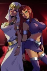 2girls big_breasts black_hair breasts clothed_female crossover dark-skinned_female dayangrani99 dc dc_comics eastern_and_western_character female female_only green_eyes huge_breasts isis_ishtar large_breasts long_hair multiple_girls red_hair starfire starfire_(teen_titans) teen_titans yu-gi-oh!