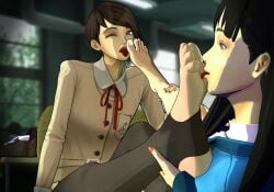 2girls 3d 3d_(artwork) black_hair blender blue_eyes brown_hair confinedburn cute feet feet_focus feet_up female female_only foot_fetish foot_focus foot_grab foot_lick foot_worship footwear hiromine_yoko isonokami_tao_(megami_tensei) licking_feet megami_tensei multiple_girls red_nail_polish red_nails school_uniform self_upload shin_megami_tensei shin_megami_tensei_v shin_megami_tensei_v:_vengeance stirrup_legwear white_nail_polish white_nails yoko_hiromine yuri