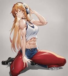 abs ai_generated biceps closed_eyes crop_top denim headphones midriff muscular_female navel outie_navel sword_art_online yuuki_asuna