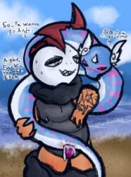 annoyed anthro beach belly blue_body blush bodily_fluids cum damien_scrafty dialogue dragon dragonair duo eastern_dragon female generation_1_pokemon generation_5_pokemon genital_fluids genitals green_eyes grey_belly horn lizard male male/female markings mythological_creature mythological_scalie mythology nintendo nipple_piercing nipples orange_body para_dragonair penis piercing pink_eyes pink_markings pokemon pokemon_(species) pussy red_body red_scales reptile scales scalie scar scrafty sea serpentine sex voidriot vulva water