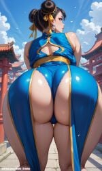 1girls ai_generated ass ass_focus bending_over chun-li diffusionwaifu looking_at_viewer looking_back panties pov pov_ass public short_hair solo watermark