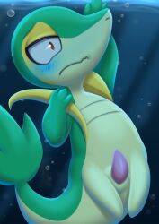 anthro asphyxiation cyanosis drowning generation_5_pokemon genitals imminent_death male male_only nintendo penis pokemon pokemon_(species) revous slit_penis snivy solo solo_focus underwater water