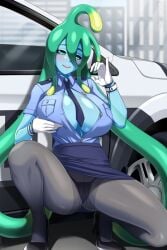 big_breasts blowjob_gesture cyan_body green_eyes heels lindaroze looking_at_viewer monster_musume monster_musume_no_iru_nichijou panties_visible_through_clothing slime_girl solo_female suu_(monster_musume) white_gloves