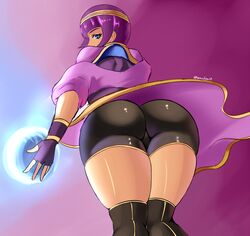 ass bob_cut breasts capcom dark-skinned_female dark_skin egyptian female female_only fortune_teller looking_at_viewer looking_back menat short_hair shorts solo sowilo street_fighter street_fighter_v tight_clothes