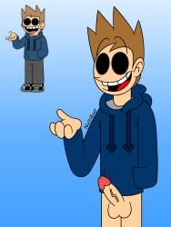 2025 blue_hoodie brown_hair clothes digital_drawing_(artwork) digital_media_(artwork) eddsworld erect_penis erection goofy_ahh gradient_background hi_res highres hoodie meme nizisbizzy no_context no_eyes partially_clothed partially_nude penis penis_out smile smile_at_viewer stupid teeth teeth_showing tom_(eddsworld) veiny_penis what