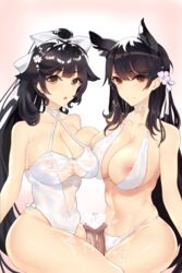 1boy 2girls :o animal_ears areolae asymmetrical_docking atago_(azur_lane) atago_(summer_march)_(azur_lane) azur_lane bangs bikini black_hair bow breast_press breasts brown_eyes cat_ears catgirl censored choker criss-cross_halter cum cum_on_body cum_on_lower_body cum_on_stomach dark-skinned_male dark_skin error_dot eyebrows_visible_through_hair ffm_threesome flower frottage hair_flaps hair_flower hair_ornament hair_ribbon hairbow halterneck heart heart_censor highres large_breasts light-skinned_female light_skin long_hair looking_at_viewer mole mole_under_eye multiple_girls navel nipples one-piece_swimsuit penis ponytail pov ribbon sakura_empire_(azur_lane) see-through smile swept_bangs swimsuit tagme takao_(azur_lane) takao_(beach_rhapsody)_(azur_lane) threesome very_long_hair white_bikini white_bow white_ribbon white_swimsuit