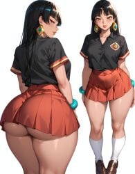 ai_generated big_ass black_hair black_shirt bracelets brown_eyes brown_shoes bubble_butt chel chel_(the_road_to_el_dorado) dreamworks earrings eogard_orc female_only front_and_back latina looking_at_viewer miniskirt red_skirt school_uniform self_upload simple_background stable_diffusion thick_thighs universal_studios white_background white_socks