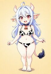 ai_generated cow_girl cow_horns cow_print_bikini cowbell huge_hips huge_thighs red_eyes self_upload shortstack white_hair