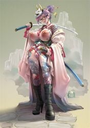 1girls arm_tattoo blue_eyes bondage boots breasts casual_nudity censored chest_tattoo chichimaro colored_pubic_hair female female_only female_pubic_hair full-body_tattoo full_body glasses hair_bun high_heel_boots high_heels huge_breasts irezumi japanese_clothes katana kimono leg_tattoo mask mask_on_head nipple_piercing nipple_sleeves nipples open_clothes open_kimono original piercing pubic_hair purple_hair pussy pussy_piercing single_hair_bun solo stomach_tattoo sword tattoo weapon