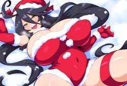 1girls ahoge ai_generated amber_eyes black_hair christmas christmas_clothing christmas_outfit covered_nipples female long_hair mullon novelai on_back original original_character snow sorceress sorceress_sophia voluptuous voluptuous_female yellow_eyes