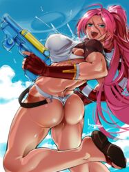 ass athletic back blue_eyes bowalia elbow_gloves fate/grand_order fate_(series) female female_only fingerless_gloves francis_drake gloves long_hair long_ponytail muscles muscular_female pink_hair ponytail rider_(fate/extra) scar solo toned wet_clothes