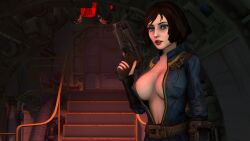 10mm_pistol 3d big_breasts bioshock bioshock_infinite blue_eyes bodysuit breasts busty cleavage clothing crossover elizabeth_comstock erect_nipples fallout female female_focus female_only firearm handgun hourglass_figure human jumpsuit nipple_bulge pale-skinned_female pale_skin pinup pinup_pose pistol pose posing sceptersfm standing tagme vault_girl vault_suit weapon