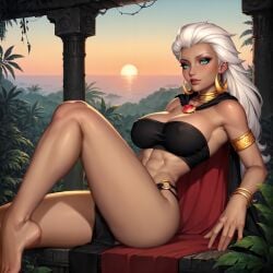 abs african_female ai_generated bare_legs bare_shoulders barefoot blue_eyes bracelet dark-skinned_female dark_skin laying_down legs loincloth looking_at_viewer muscular_female partially_clothed pelvic_curtain queen queen_la revealing_clothes revealing_outfit sitting the_legend_of_tarzan topwear white_hair