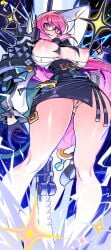 areolae belt breasts_out button_down_shirt electricity glasses gloves hair_ornament krokobyaka large_breasts long_hair long_sleeves naginata nipples open_mouth open_shirt pink_eyes pink_hair pussy shoulder_pad skirt tsukishiro_yanagi uncensored zenless_zone_zero