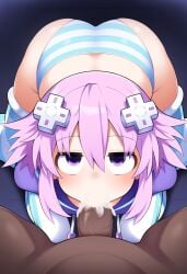 1boy ai_generated ass blush breasts cum cum_in_mouth cum_overflow d-pad d-pad_hair_ornament dark-skinned_male dark_skin fellatio female hair_between_eyes hair_ornament hood interracial jacket kneeling large_breasts looking_at_viewer neptune_(neptunia) neptunia_(series) novalai oral panties penis pov pov_crotch purple_eyes purple_hair short_hair solo_focus straight striped_clothes striped_panties striped_thighhighs thighhighs uncensored underwear veiny_penis