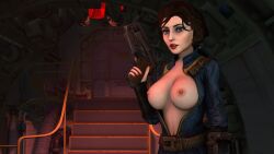 10mm_pistol 3d areolae big_breasts bioshock bioshock_infinite blue_eyes bodysuit breasts breasts_out busty casual clothing crossover elizabeth_comstock fallout female female_focus female_only firearm handgun hourglass_figure human jumpsuit nipples pale-skinned_female pale_skin pinup pinup_pose pistol pose posing sceptersfm standing tagme vault_girl vault_suit weapon