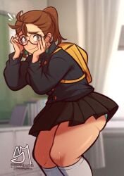 1girls alternate_costume ass ayase_momo backpack blushing blushing_at_viewer blushing_female brown_eyes brown_hair curvy curvy_body curvy_female curvy_figure dandadan female female_only glasses kneehighs kneesocks long_socks looking_at_viewer nerdy_female panties_showing pleated_skirt semidraws short_skirt skirt solo solo_female thick_ass thick_thighs thighs white_socks