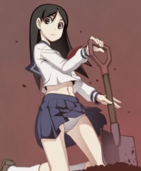 00s 1girls 2000s 2009 bad_source black_hair brown_background caryo female female_only kitsu_chiri long_hair looking_at_viewer low_res lowres nanashino panties pantyshot parted_bangs sayonara_zetsubou_sensei school_uniform seifuku serafuku shovel skirt solo uniform white_panties white_underwear wind_lift