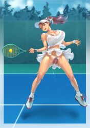 breasts bushy_pubes censored chichimaro choker cleavage dark_areolae day female going_commando huge_breasts large_areolae nipples_visible_through_clothing no_bra no_panties outdoors ponytail pubic_hair pussy pussy_juice see-through_top shoes skirt sneakers socks solo sweat tan_body tank_top tanline tennis tennis_court tennis_racket tennis_uniform tight_tank_top visor_cap white_tank_top