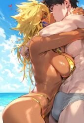 1boy1girl ai_generated arms_behind_head beach bikini bleach blonde_hair dark-skinned_female fit_female interracial kissing netero9 tia_harribel you