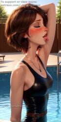 _yumidreams ai_generated armpit_fetish armpits aunt_cass bare_shoulders big_hero_6 blush female marvel marvel_comics medium_breasts necklace neckline outdoors patreon_username pool saliva saliva_drip short_hair swimming swimsuit swimwear tongue tongue_out water wet wet_body