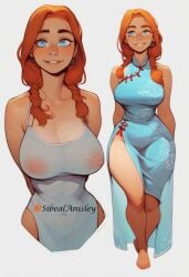 1girls ai_assisted ai_enhanced ai_generated blue_eyes braid cleavage curvaceous female female_only freckles hourglass_figure large_breast nipples no_bra no_panties original_character red_hair seductive see-through sibeal sibeal_anisley solo standing transparent_clothing white_dress wide_hips