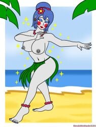 1girls ballerina ballora ballora_(fnafsl) ballora_(fnia) beach blue_eyeshadow blue_hair blue_nails blush closed_eyes dance day female five_nights_at_freddy's five_nights_at_freddy's:_sister_location five_nights_in_anime flower flower_in_hair grass_skirt hair_bun hula navel outdoors outside red_lipstick solo tied_hair topless unskilledude535 white_skin