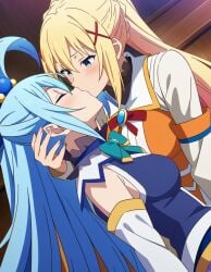 2girls ai_generated aqua_(konosuba) aqua_hair blonde_hair blue_eyes blue_hair clothed darkness_(konosuba) female female_only grabbing_head head_grab kissing kissing kono_subarashii_sekai_ni_shukufuku_wo! lesbian_kiss long_hair morindar yellow_hair yuri yuri