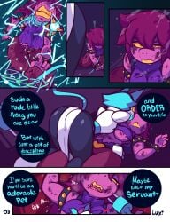 2d 2d_(artwork) absurdres age_difference anthro anthro_female apron blue_hair cat_ears cat_girl cat_tail clothes comic comic_page defeat defeated defeated_heroine deltarune deltarune_chapter_2 digital_drawing_(artwork) digital_media_(artwork) dominant dominant_female domination electricity electro_torture falling female_anthro female_only femdom femsub fight fighting frown grin grining heavy_breathing knocked_out laugh laughing long_hair monster monster_girl multiple_girls omegaluxifer panting panting_in_face pubic_hair red_hair resisting sharp_teeth shock shocked shocked_expression shocked_eyes shocked_face shocked_female smile smiling smoke spiky_hair submissive submissive_female susie_(deltarune) tasque_manager tasque_manager_(deltarune) text thighs tongue_out whip yellow_eyes