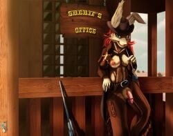 absurd_res animal_humanoid anthro brown_body brown_fur cabin clothing cowboy_hat cowboy_outfit desert drqube female floppy_ears fur futanari genitals green_eyes gun hair handgun hat headgear headwear hi_res humanoid ineffective_clothing intersex intersex/female lagomorph lagomorph_humanoid leporid leporid_humanoid looking_at_viewer mammal mammal_humanoid nipples penis ponytail pussy rabbit rabbit_humanoid ranged_weapon reclining red_hair revolver revolving_rifle rifle sheriff sheriff_badge solo solo_focus text weapon