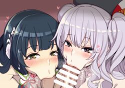 1boy 2girls :>= ball_sucking beret black_hair blush breasts censored cleavage collaborative_fellatio dark-skinned_male dark_skin fellatio ffm_threesome green_eyes hanauna hat heart heart-shaped_pupils heart_lock_(kantai_collection) interracial kantai_collection kashima_(kantai_collection) light-skinned_female light_skin long_hair looking_at_viewer mizuho_(kantai_collection) multiple_girls oral penis pov silver_hair straight sucking_testicles symbol-shaped_pupils teamwork testicles threesome twintails