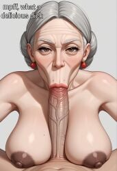 :>= ai_generated big_breasts blowjob brown_nipples english_text fellatio female granny looking_at_viewer older_female penis sucking sucking_penis talking_to_viewer text titjob