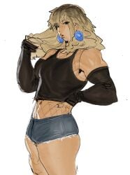 bawlboxer blonde_hair booty_shorts bulge bulge_through_clothing dyed_hair earrings femboy fishnet_clothing himbo khentaiu sleeves tank_top