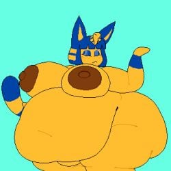 animal_crossing ankha arm_markings bbw big_breasts blue_eyeshadow blue_hair blue_markings bowl_cut breasts cat chip_at_night cleavage elvierjas female furry huge_breasts nipples obese overweight simple_background tagme tail tail_markings teal_background thick_thighs wide_hips yellow_body