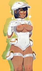 aether_foundation aether_foundation_employee_(female) areolae black_hair blush bodysuit breasts breasts_out cabbie_hat gloves hat maiz-ken nipples pokemon pokemon_sm pouch short_hair smile sweat tan_skin thick_thighs thighs yellow_eyes