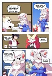 braixen bray_(lucyfercomic) cincci_(lucyfercomic) cinccino comic furry_female lopunny lucyfercomic pokemon pokemon_(species) pokemon_trainer sex_tape speech_bubble surprised tank_top