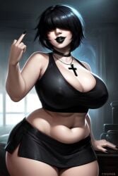 ai_generated bangs bangs_over_eyes black_hair chubby flipping_off flipping_viewer_off goth goth_girl hair_over_eyes huge_ass huge_breasts josie_(euclidbeing) massive_breasts massive_thighs middle_finger midriff miniskirt original_character short_hair smiling smiling_at_viewer tank_top thick_thighs