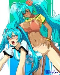 2d blush brazilian_female brazillian_miku breasts breasts_bounce breasts_out dirtyero_(artist) flower_in_hair from_behind from_behind_position hatsune_miku lesbian_sex mikuo_hatsune moaning on_all_fours pale-skinned_female pale_skin shaking striped_shirt tanned tanned_female tanned_skin textless twintails vocaloid yuri