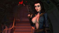 10mm_pistol 3d big_breasts bioshock bioshock_infinite blue_eyes bodysuit breasts busty cleavage clothing crossover elizabeth_comstock elizabeth_comstock_(burial_at_sea) erect_nipples fallout female female_focus female_only firearm handgun hourglass_figure human jumpsuit nipple_bulge pale-skinned_female pale_skin pinup pinup_pose pistol pose posing sceptersfm standing tagme vault_girl vault_suit weapon