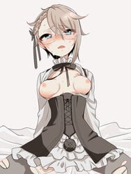 ange_(princess_principal) blue_eyes blush breasts female glasses kumasawa_(dkdkr) medium_breasts nipples princess_principal solo white_hair