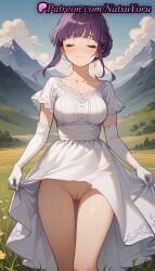 1girls ai_generated anime anime_style ass_visible_through_thighs bangs blue_sky blunt_bangs blush breasts bust busty cleft_of_venus closed_eyes closed_mouth clothes_lift cloud collarbone cut_bangs day dress dress_lift elbow_gloves facing_viewer female female_focus female_only fern_(sousou_no_frieren) flower gloves grass hair_bun hentai large_breasts lifted_by_self medium_breasts mountain mountainous_horizon natsuyoru no_panties outdoors purple_hair pussy short_sleeves sidelocks sky smile solo solo_female sousou_no_frieren standing thigh_gap thighs uncensored voluptuous voluptuous_female white_dress white_gloves