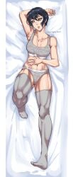 armpit arms_up black_hair black_sclera bra calvin_klein dakimakura dakimakura_design female female_only full_body kengan_(series) kengan_ashura kure_fusui medium_breasts muscular muscular_female muscular_thighs on_back panties short_hair solo sports_bra thighhighs tomboy underwear ushou very_short_hair white_eyes