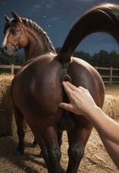 ai_generated anal anal_fingering anal_insertion anus balls duo equid equine feral feral_penetrated hi_res horse human human_on_feral looking_back male_penetrated zoophilia