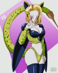 1girls 2022 absorption android_18 anime big_breasts bio-android bio-android_(dragon_ball) blonde_female blonde_hair blonde_hair_female breasts cell_(dragon_ball) cyborg cyborg_girl dragon_ball dragon_ball_z female female_focus female_only midriff role_reversal salvamakoto solo solo_female solo_focus tail