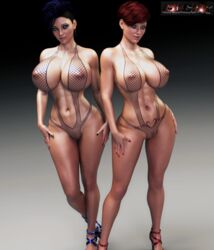 2girls 3d akasha_skapova akira_mitsuoka artist_name bare_shoulders big_breasts blue_eyes blue_hair breasts busty cdcnk curvy detailed_background duo ear_piercing earrings erect_nipple erect_nipples eyelashes female female_only fishnet front_view green_eyes hairy_pussy hourglass_figure huge_breasts human leotard looking_at_viewer multiple_females multiple_girls nail_polish nipple_bulge piercing pose posing pubes pubic_hair red_hair shaved_pussy shiny shiny_skin short_hair spread_legs spreading standing tattoo thong voluptuous wide_hips