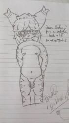 anthro becoming_erect bisexual eyewear fausty_ravura faustyboye felid feline female first_person_view glasses grower hair hi_res long_hair looking_at_viewer lynx male mammal nude_male slightly_chubby solo traditional_media_(artwork)